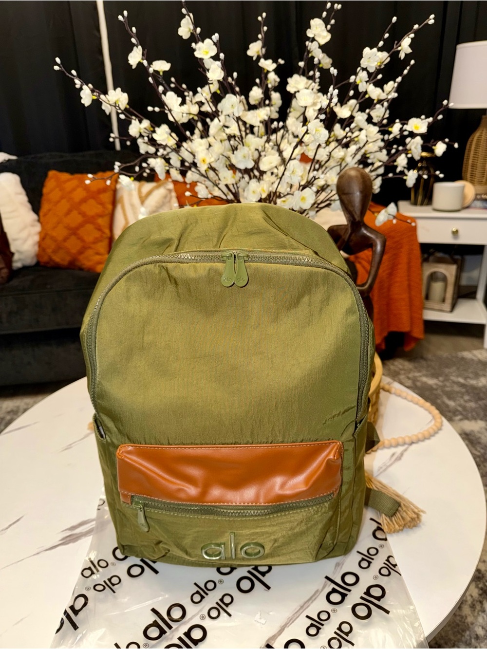 ALO Yoga Olive Green Backpack with Tan Pocket Accent - Picture 3 of 13